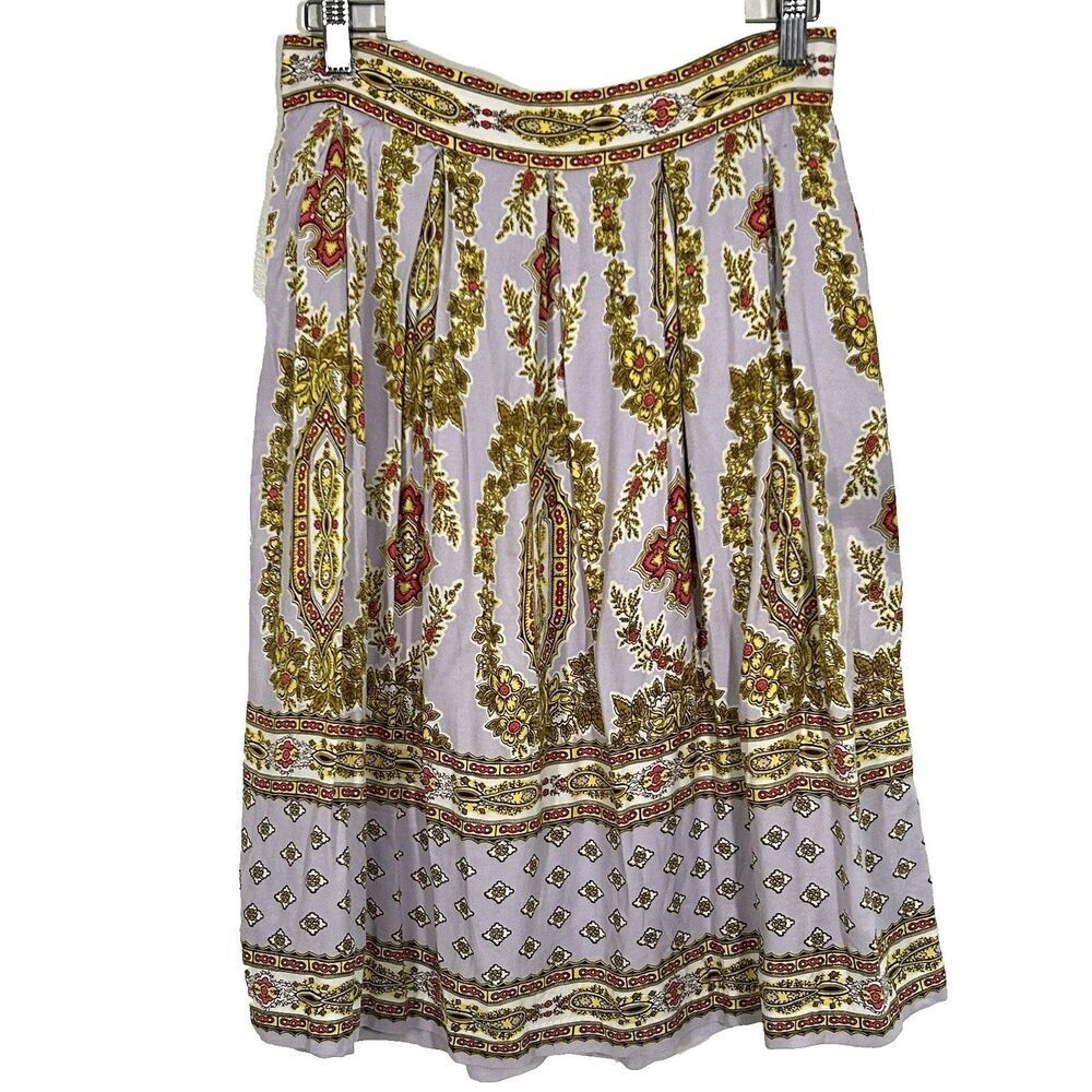 Anthropologie Echarpe lilac  + green full  knee length skirt lined pockets 6